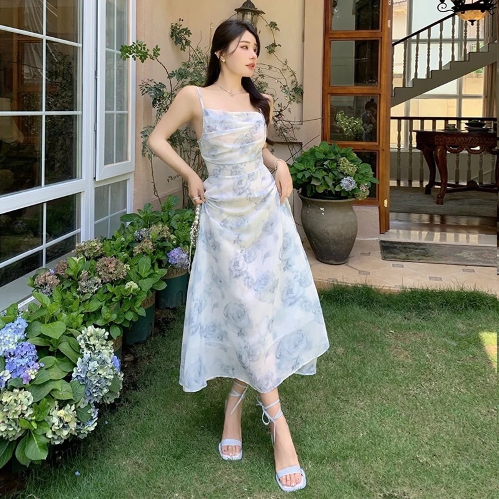 Blue floral backless cutout cowl neck midi dress size xs